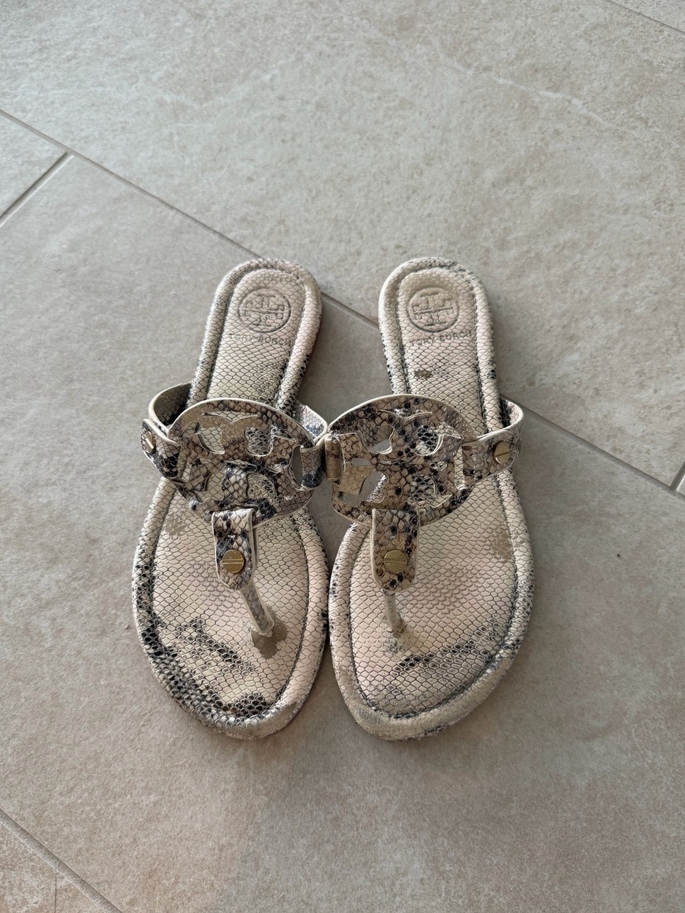 Tory Burch Neutral Snake-Print Logo Thong Sandals